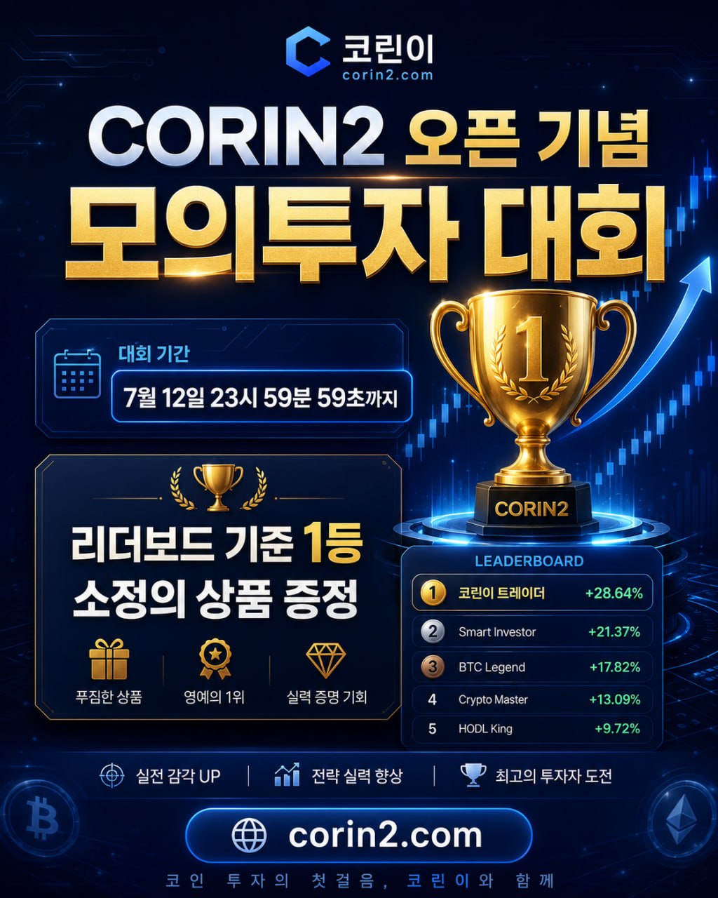 코린이 CORIN2 오픈 기념 모의투자 대회 — 7월 12일 23시 59분 59초까지, 리더보드 1등 소정의 상품 증정